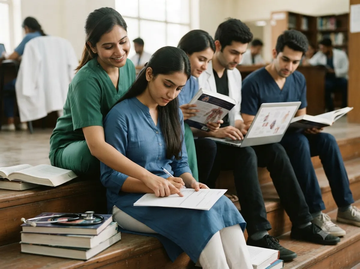 Medical students studying together on library steps, one helping another fill in a form