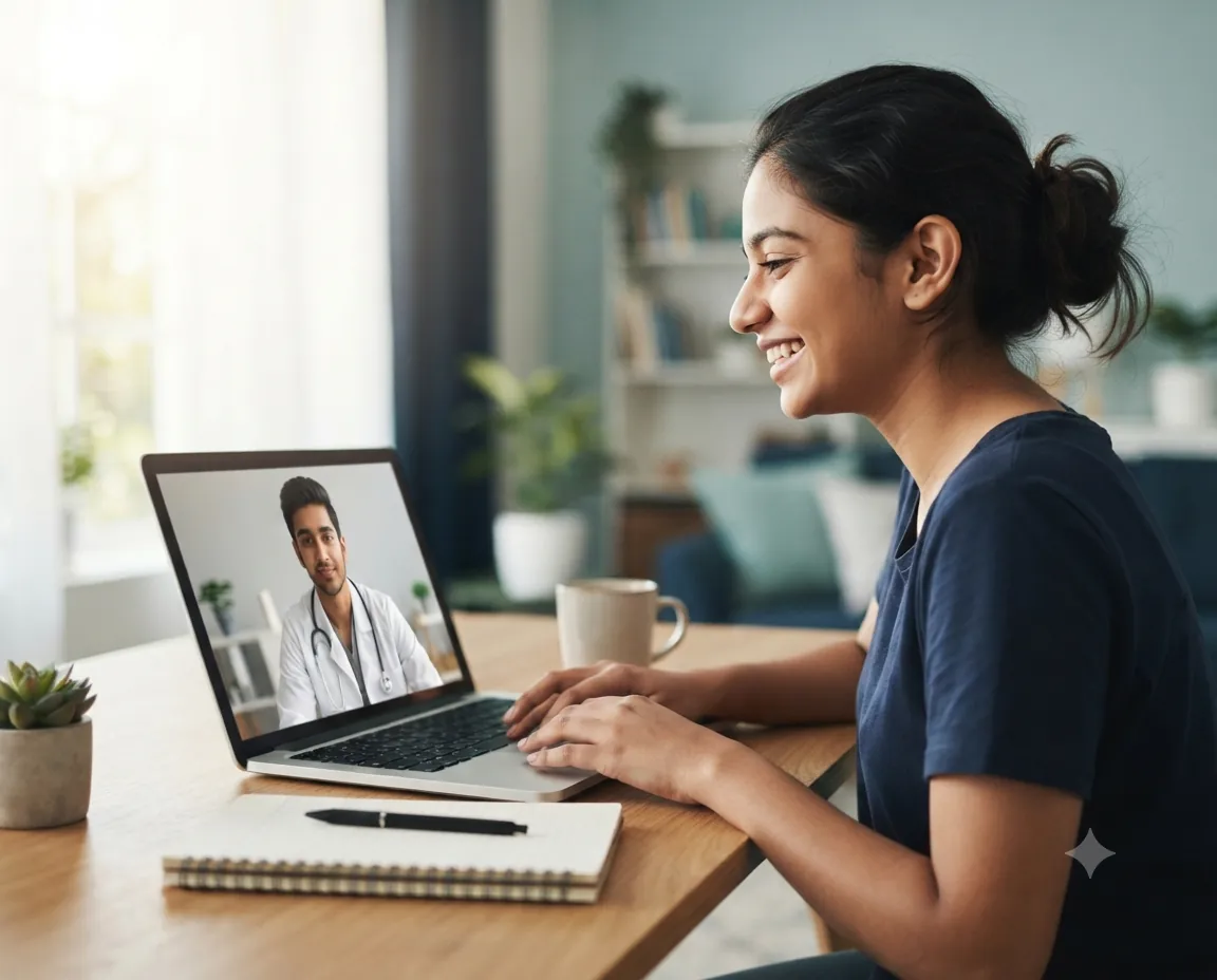 A student on a video call with a medical student, taking notes at her desk